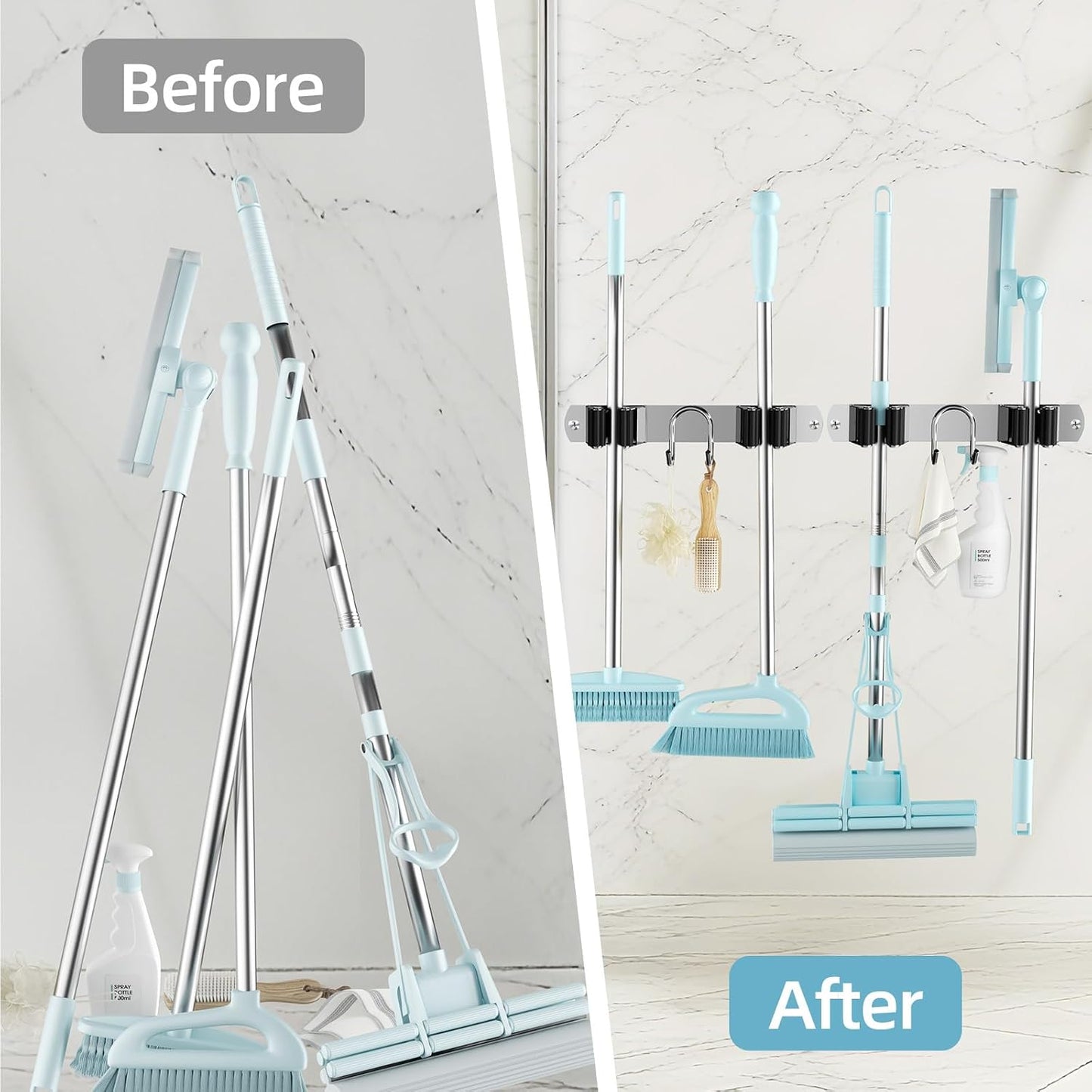 Broom Holder Wall Mount, Stainless Steel Mop and Broom Organizer, Broom Hanger with 2 Slots 2 Hooks for Home Kitchen, Garage, Garden and Laundry Room, Black