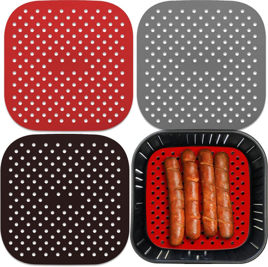 3 Pack 8.5" Reusable Square Silicone Air Fryer Liners Non-Stick, Easy-Clean Accessories Sheet Perfect for Quick Meals (Red&grey&black)