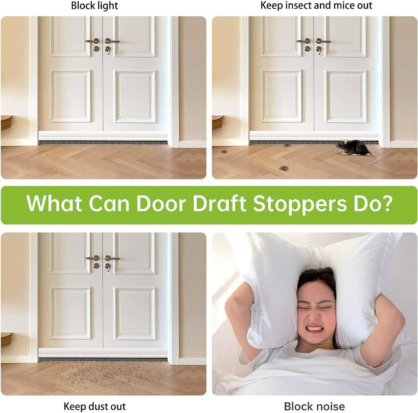 2 PCS Brush Door Sweep, Draft Stoppers Bottom, 2" W x 39" L, Black | No Residue, Strong Adhesive Draft Stopper with Brush for Interior Door, Bottom Seal Strip for Protection Against Bug, Dust