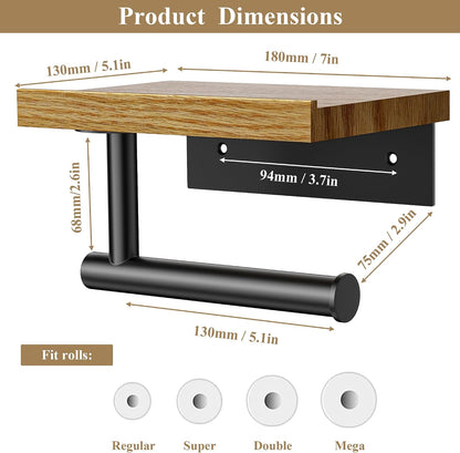 Tindbea Toilet Paper Holder with Wood Shelf, Wooden Wall Mount Tissue Paper Roll Holder, Matte Black Stainless Steel Bathroom Accessories Decor Household Home Apartment Restroom Essentials (Walnut)