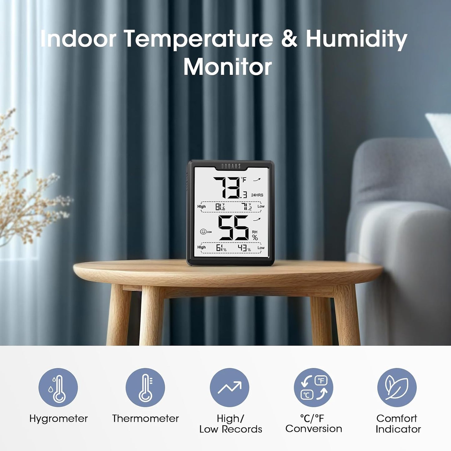 DOQAUS Hygrometer Indoor Thermometer, Temperature Humidity Meter, Black | 3.4in Large LCD Display, Temp Humidity Monitor with Max Min Records for Home, Bedroom, Baby Room, Office, Greenhouse