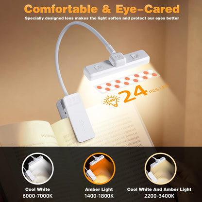 VAVOFO Rechargeable Book Light Rotatable：24 LEDs Reading Light, 3-Color & 9-Brightness Book Lamp, Eye Cared 120Hrs Runtime Lightweight Clip on Led Light for Book Lovers (Black)