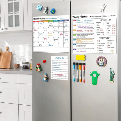 Dry Erase Magnetic Calendar for Refrigerator, 3 Pack- Monthly & Weekly & Daily Planner Magnet Whiteboard for Fridge Wall Door - Shopping, Meal/Menu, To Do List, Family Schedule Planning Board, 14"x11"