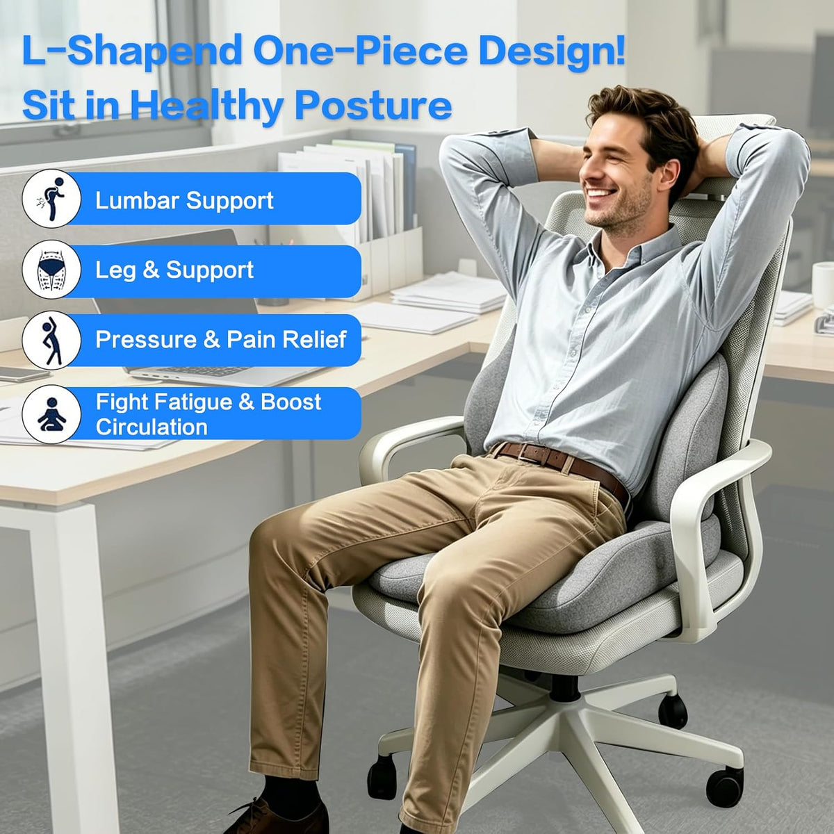 Memory Foam Seat Cushion with Lumbar Support for Sciatica & Tailbone Pain Relief, Fit Office Chair, Wheelchair, Car Seat, Airplane, Long Sitting Workers & Drivers (Gray)