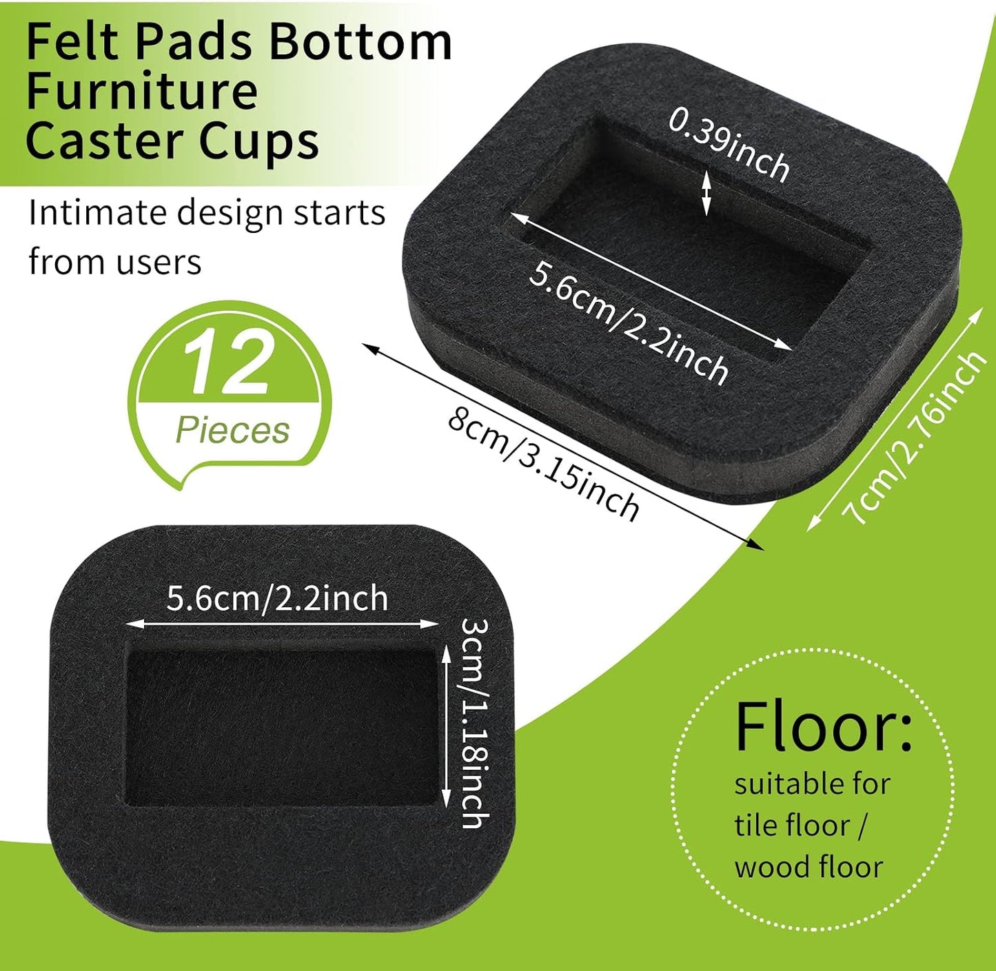 Blulu 12 Pcs Felt Caster Cups Furniture Pads for Hardwood Floors Wheel Stoppers for Rolling Chairs for Office Bed Home Prevent Scratches(Black)