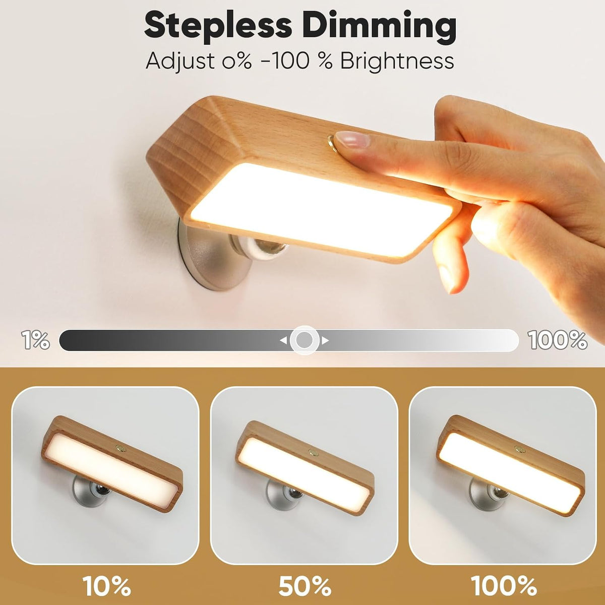 Battery Operated Wall Sconces Set of Two, Rechargeable Wall Lights Battery Operated, Wood Stick On Wall Mounted lamp Bedside Reading for Bedroom, Stepless Dimmable Wall Lamps for Living Room
