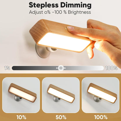 Battery Operated Wall Sconces Set of Two, Rechargeable Wall Lights Battery Operated, Wood Stick On Wall Mounted lamp Bedside Reading for Bedroom, Stepless Dimmable Wall Lamps for Living Room
