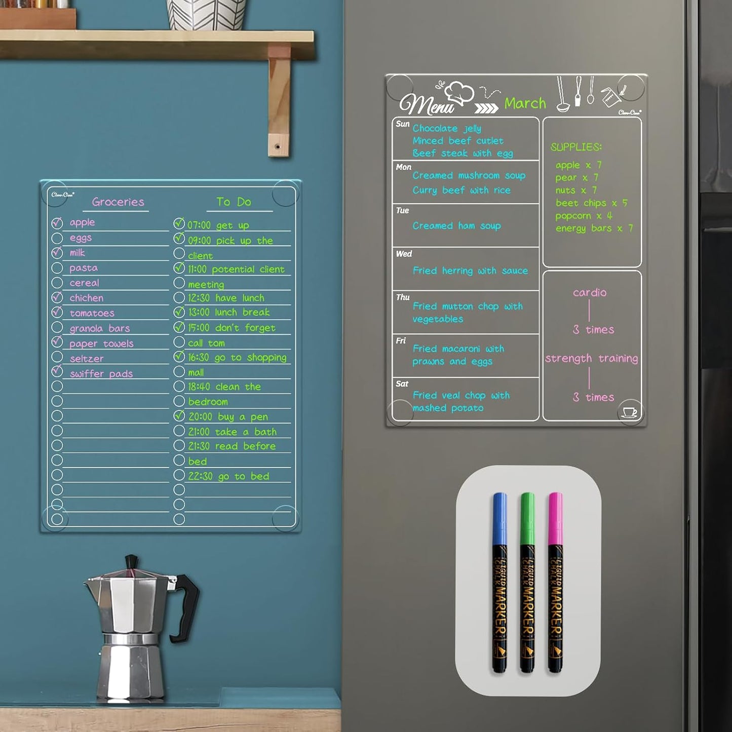 Clear Non-Magnetic Calendar Set for Fridge - Dry Erase Transparent Monthly and Weekly Calendar, List and Blank Whiteboard - Sticks to Wall, Glass, Door, Any Smooth Surfaces