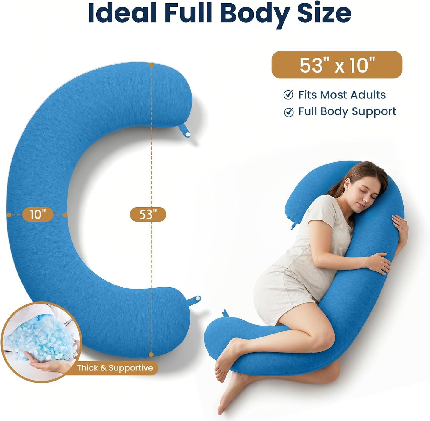 TranquilRelax C Shaped Body Pillow for Side Sleepers, Memory Foam Long Pillow for Leg, Hip & Back Support, Soft Washable Cover,Grey-47"*10"