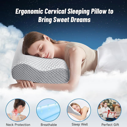 Neck Pillow for Sleeping, Ergonomic Cervical Bed Pillow, Blue Standard Size | Memory Foam Bed Pillow for Side Back Stomach Sleepers, Contour Fit Neck Pillow for Sleeping and Neck Pain Relief