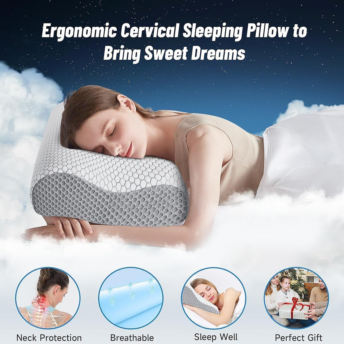 Neck Pillow for Sleeping, Ergonomic Cervical Bed Pillow, Blue Standard Size