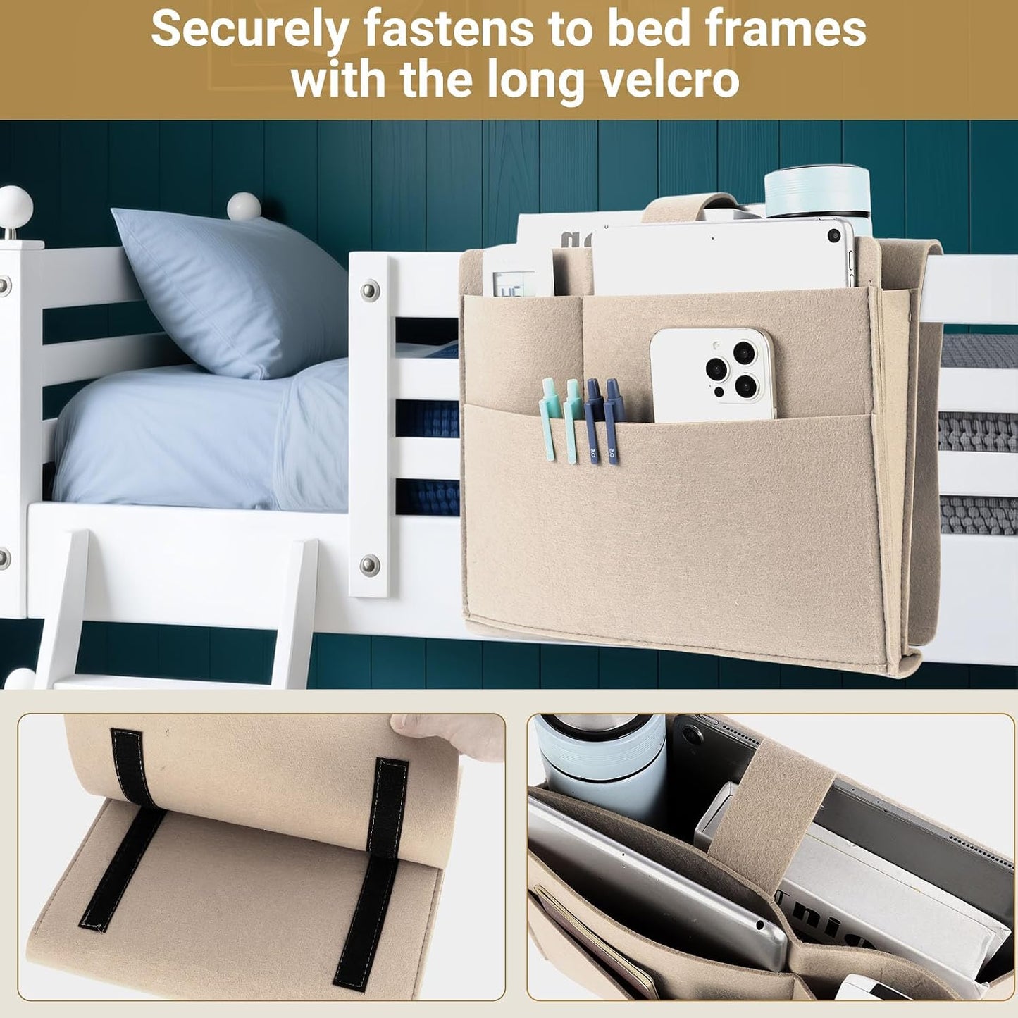 Seefoo Bed Caddy Organizer, Bunk Bed Shelf Caddy with 4 Pockets Grey | Easy Storage, Magazine Holder, Sturdy Bedside Organizer, Strong-Grip Loop Tape Sticky, for Bed, Bunk, Dorm, Sofa