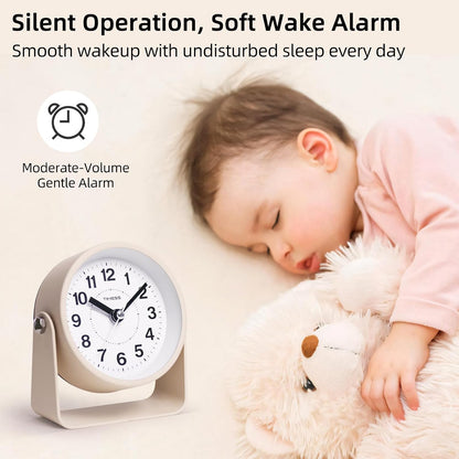 Analog Alarm Clock, Silent Non-Ticking Quartz Movement, Battery-Operated with Snooze & On-Demand Light, Easy to Set Gentle Wake Bedside Desk Clock, Ideal for Home, Travel, Office (Gray)