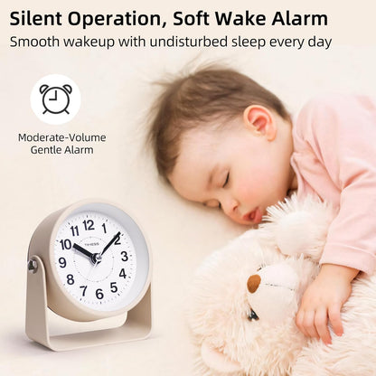TIMESS Analog Alarm Clock with Snooze & Light, Silent Non-Ticking, Gray