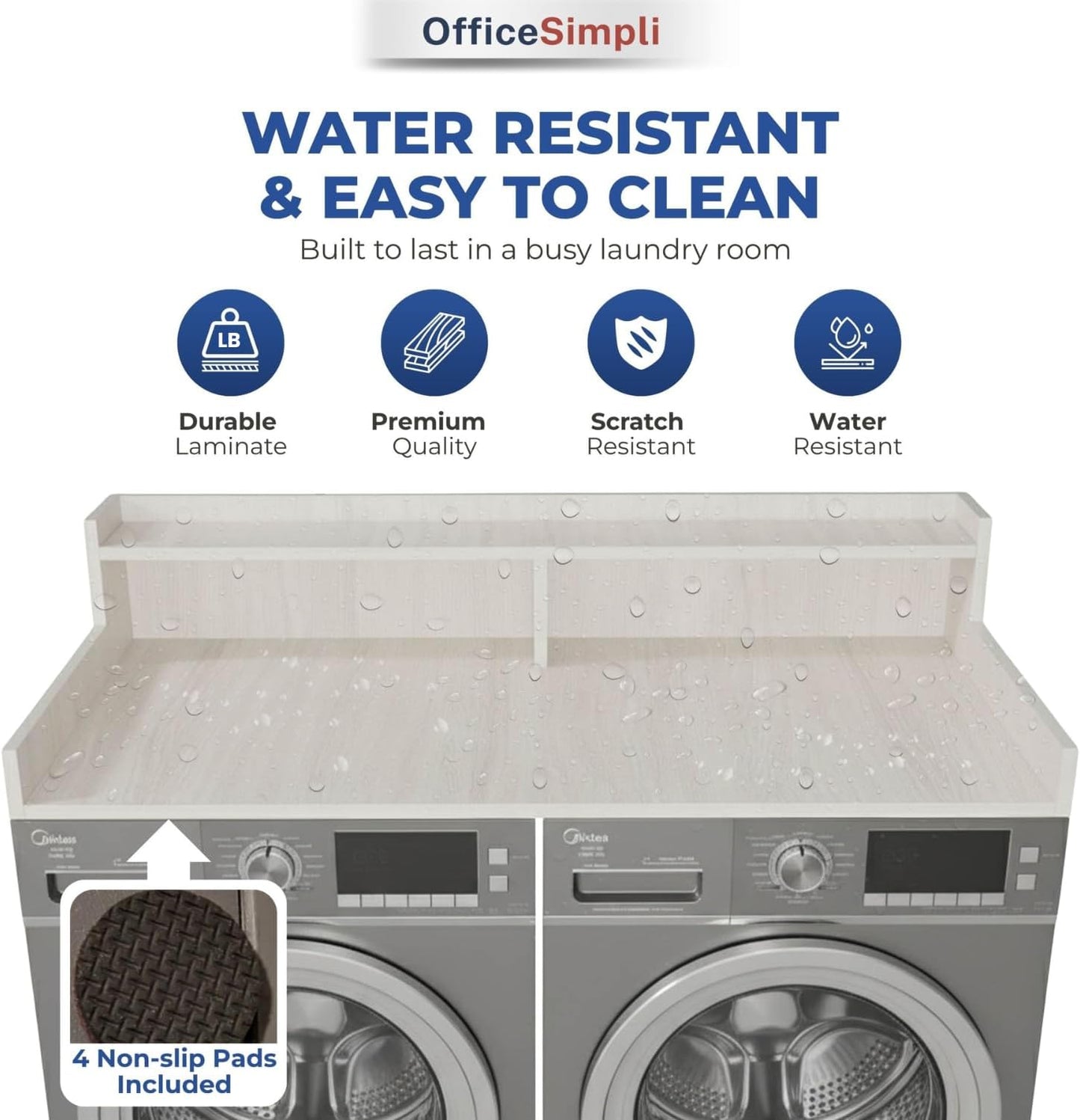 OfficeSimpli Washer Dryer Countertop, Shelf, Made in USA, 30x58 Rustic Oak | Non-slip pads stabilise the surface while the raised edge helps stop socks and supplies falling behind.