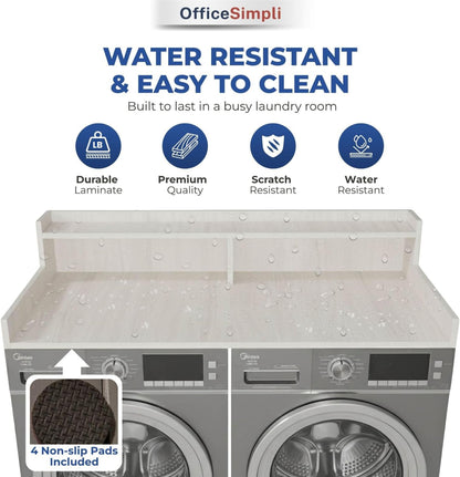 OfficeSimpli Washer Dryer Countertop, Shelf, Made in USA, 30x58 Rustic Oak | Non-slip pads stabilise the surface while the raised edge helps stop socks and supplies falling behind.