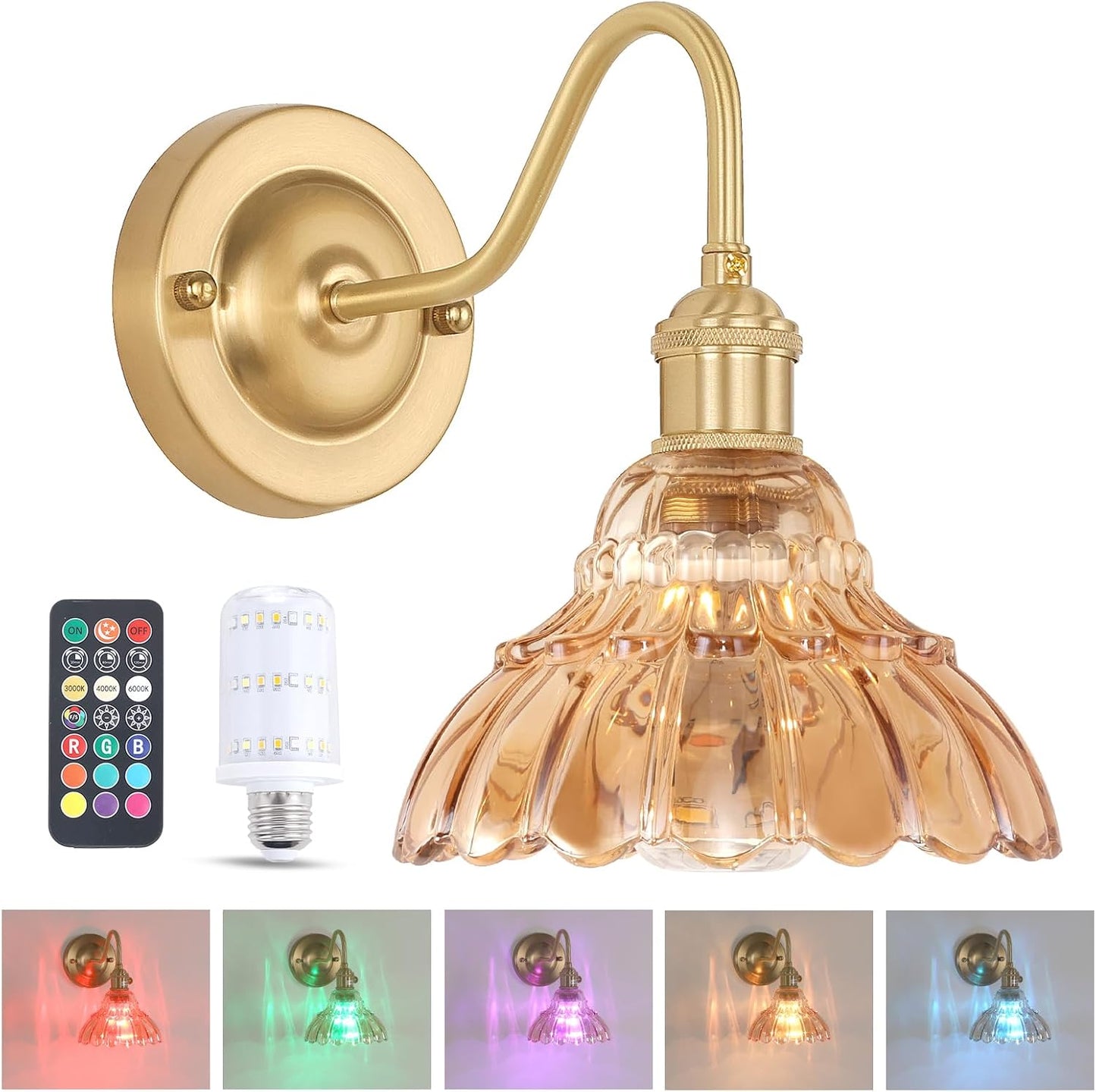 Shenmoyl Battery Operated Wall Sconce Wall Lamp with Green Lily of the Valley Shade Pattern Glass Adjustable Chain Retro Gold Wall Mounted Light, Modern Wall Lamp Fixtures Decor for Bedside Bedroom