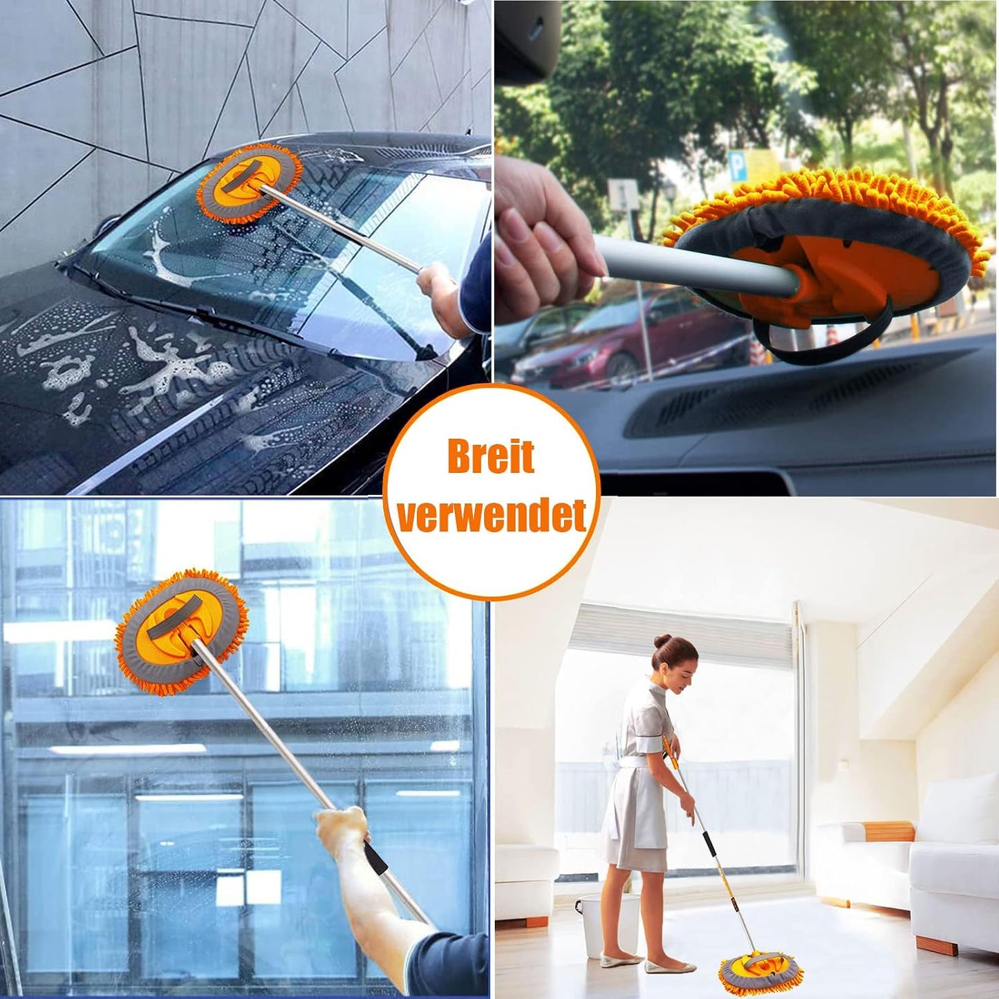 62" Car Wash Brush Mop Kit with Long Handle, 2 in 1 Chenille Microfiber Sponge Mitt Cleaning Detailing Duster for Washing Cars Truck SUV RV Caravans and Household(2 x Mop Head) (Blue)