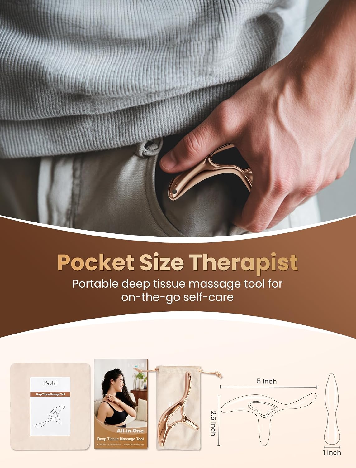 lifechill Trigger Point Massage Tool for Deep Tissue Pain Relief, Gua Sha & Muscle Scraper Tool for Full Body, Thumb Saver Acupressure Tool Relieve Plantar Fasciitis, Black