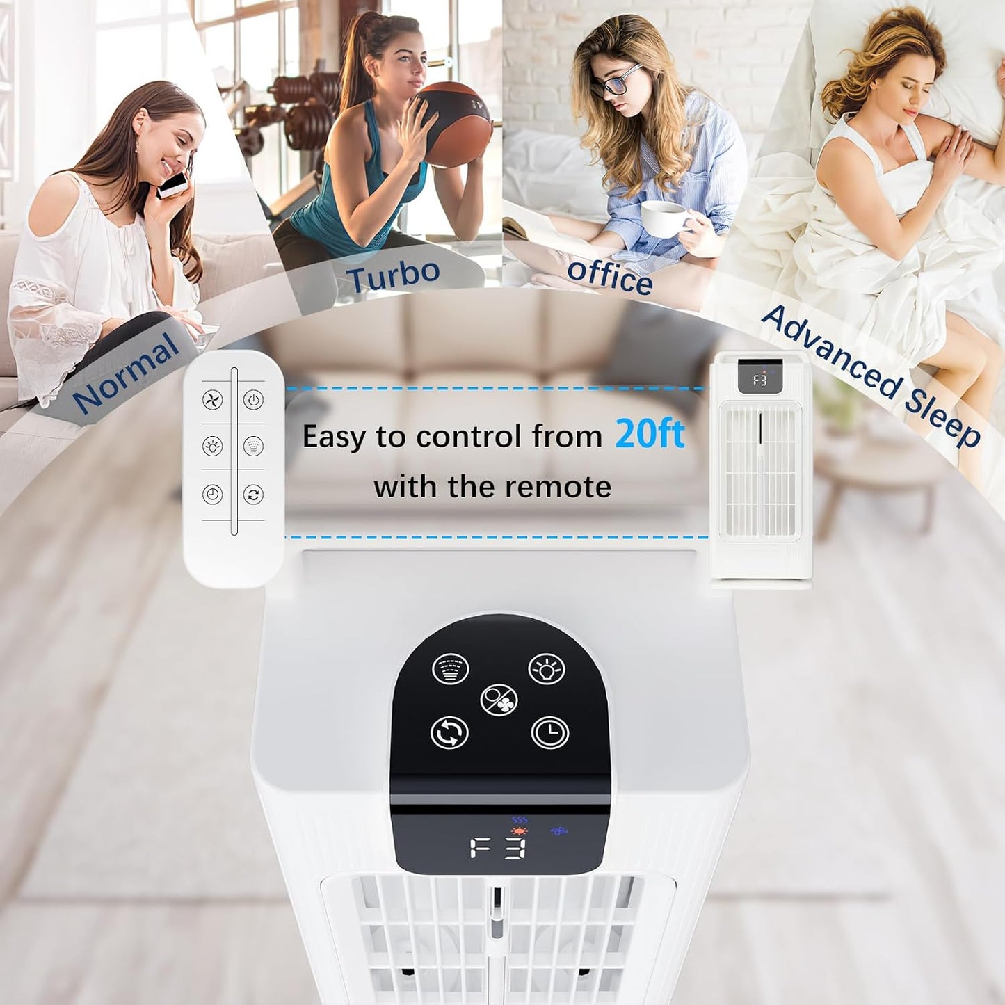 Sugoiti Portable Fan, 4 Speeds, 8H Timer, 3 Mists, 2L Tank, 7 Color Night Lights, Remote, 120° Oscillation, Ideal for Home, Bedroom or Office