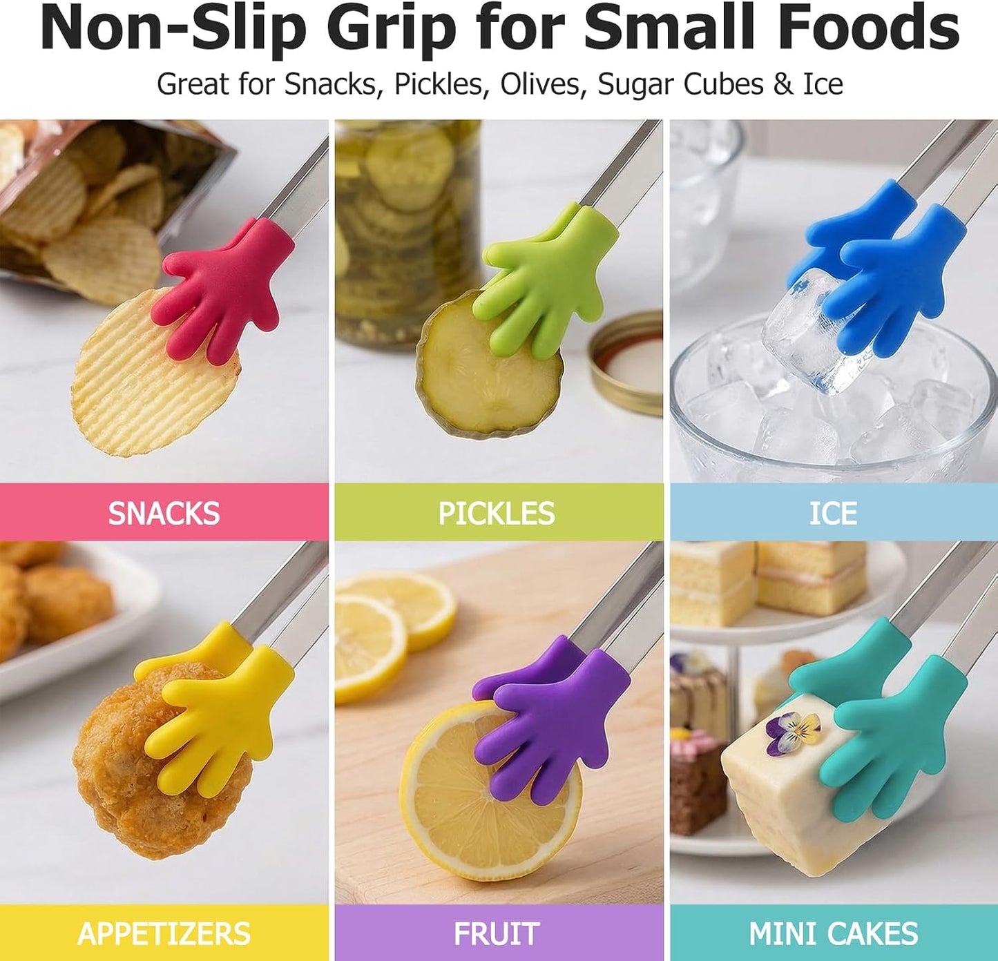 Mini Tongs, 8 PCS Silicone Hand Shape Food Tongs, 5 Inch | Colourful Small Tongs for Toolfor Candy, Snacks, Chips, Cookies, Appetizers, Fruit, Ice Cubes, Party, Buffet & Dessert Table