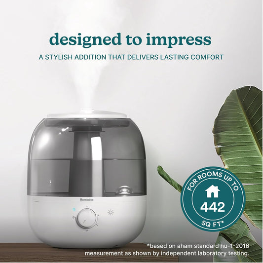 Homedics Ultrasonic Top Fill 0.63-Gallon Humidifier, Cool Mist | 360° Nozzle, Up to 25 Hour Runtime, for Large Room, Bedroom, Nursery, Plants 442 sq. ft