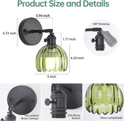 Shenmoyl Vintage Battery Operated Wall Sconce with Green Tulip Glass Lampshade Rechargeable Battery Powered Wall Light with Remote Control for Bedside Bedroom Doorway
