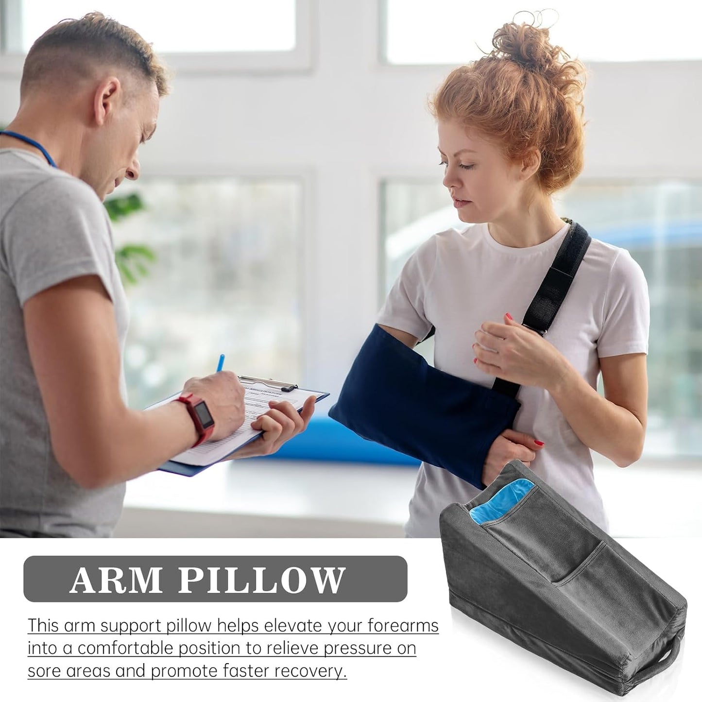 Buryeah Dark Gray Arm Elevation Pillow with 2 Pockets, Soft Ergonomic Support Pillow for Elbow Rest Wedge Broken Arm Elbow Gifts with High Density Foam for Recovery Sleeping (Plush Material)