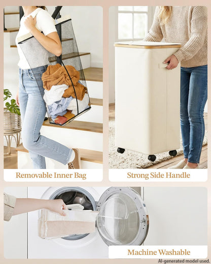 Double Laundry Basket with Wheels and Lid, 150L Clothes Hampers for Laundry | Large Laundry Hamper with 2 Sections & Removable Liner Bags, Rolling Dirty Clothes Basket for Bedroom Bathroom Dorm College