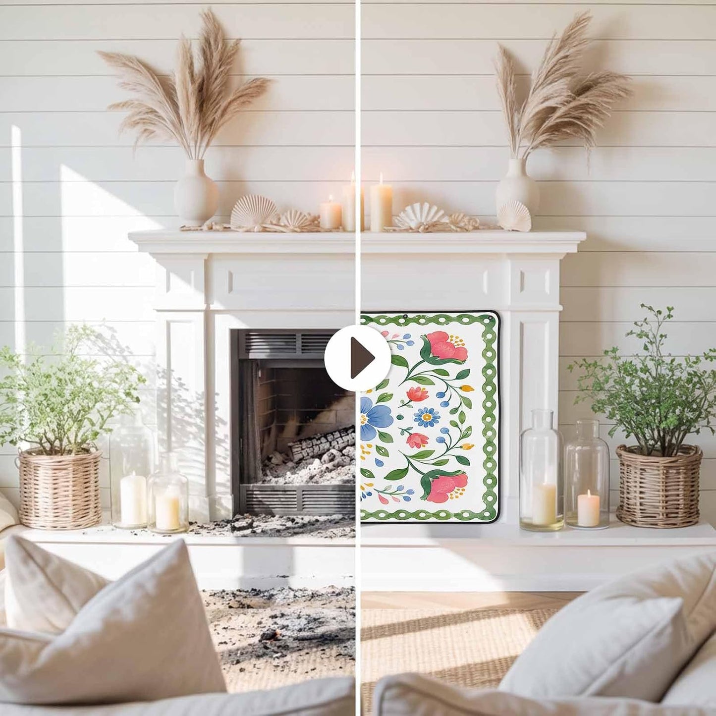 Magnetic Fireplace Cover Bird Branches Fireplace Screen Decorative Green Leaves Frame Insulation Fireplace Blocker Blanket Save Energy Fireplace Draft Stopper Covers for Living Room 45x34 Inch