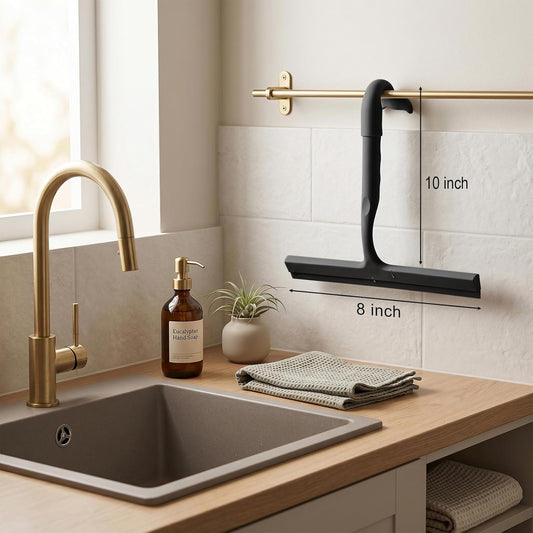 Shower Squeegee for Glass Doors, 8-Inch Silicone, Fishtail Hook, Black | One-Piece Silicone Squeegee for Shower Glass, Fishtail Hook, Non-Slip Grip, Quiet Glide; Tile, Mirrors, Windows & Car Glass