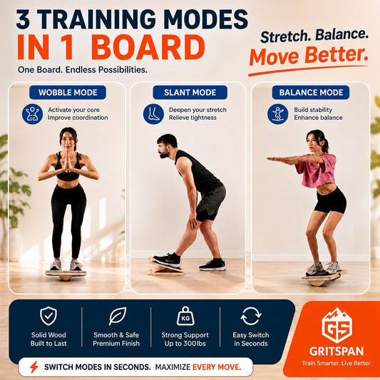Slant Boards for Exercise, 3-in-1 Wooden Calf Stretcher, Rocker Balance Board and 360° Wobble Board, 5 Adjustable Angles, Anti-Slip Surface, Training Poster Included