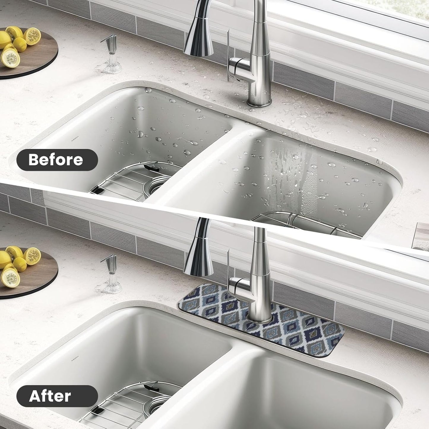 Aquamarine Blue Mexican Tiles Faucet Splash Guard Mat for Kitchen Sink 15x5.5" - Colors B
