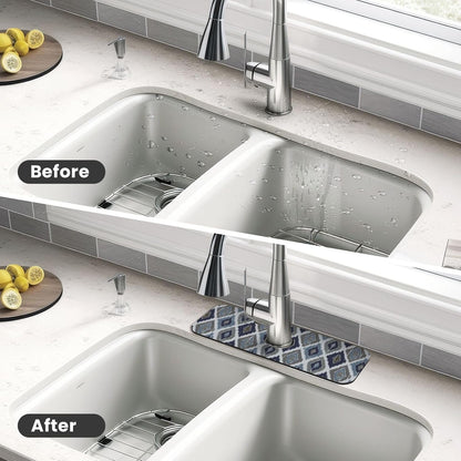 Aquamarine Blue Mexican Tiles Faucet Splash Guard Mat for Kitchen Sink 15x5.5" - Colors B