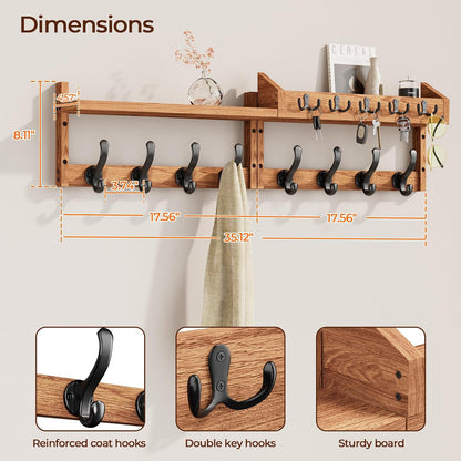 Evermagin 29" Coat Rack Wall Mount with Shelf & 11 Hooks, Entryway, Black | Wooden Wall Mounted Coat and Key Rack with Hooks, Key Hanger with Mail Holder for Living Room, Mudroom, Bedroom