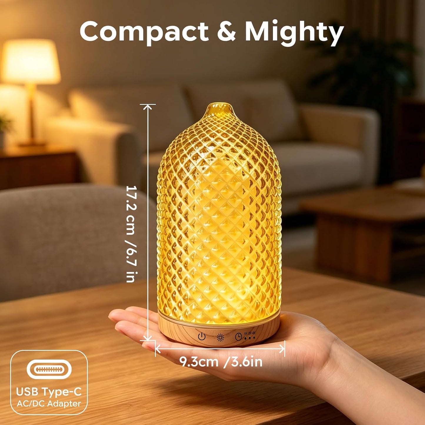 Essential Oil Diffuser 150ml, Glass Diffuser with Ultrasonic Small Humidifier, 7 Color Lights, 1/2/4H Timer, Quiet Auto Shut-Off Oil Diffuser for Bedroom, Home, Office (Silvery)