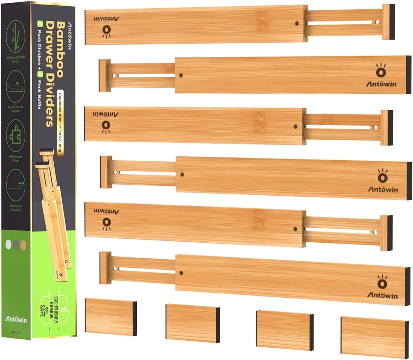 Bamboo Drawer Dividers, Expandable Drawer Separators Splitter, 17-22 inches Adjustable Spring-loaded Organizer for Large Utensil, Clothes, Tools Drawers, 6 Pack Dividers + 4 Pack Baffle
