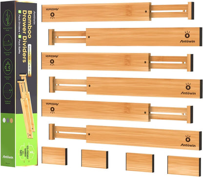 Bamboo Drawer Dividers, Expandable Drawer Separators Splitter, 17-22 inches Adjustable Spring-loaded Organizer for Large Utensil, Clothes, Tools Drawers, 6 Pack Dividers + 4 Pack Baffle