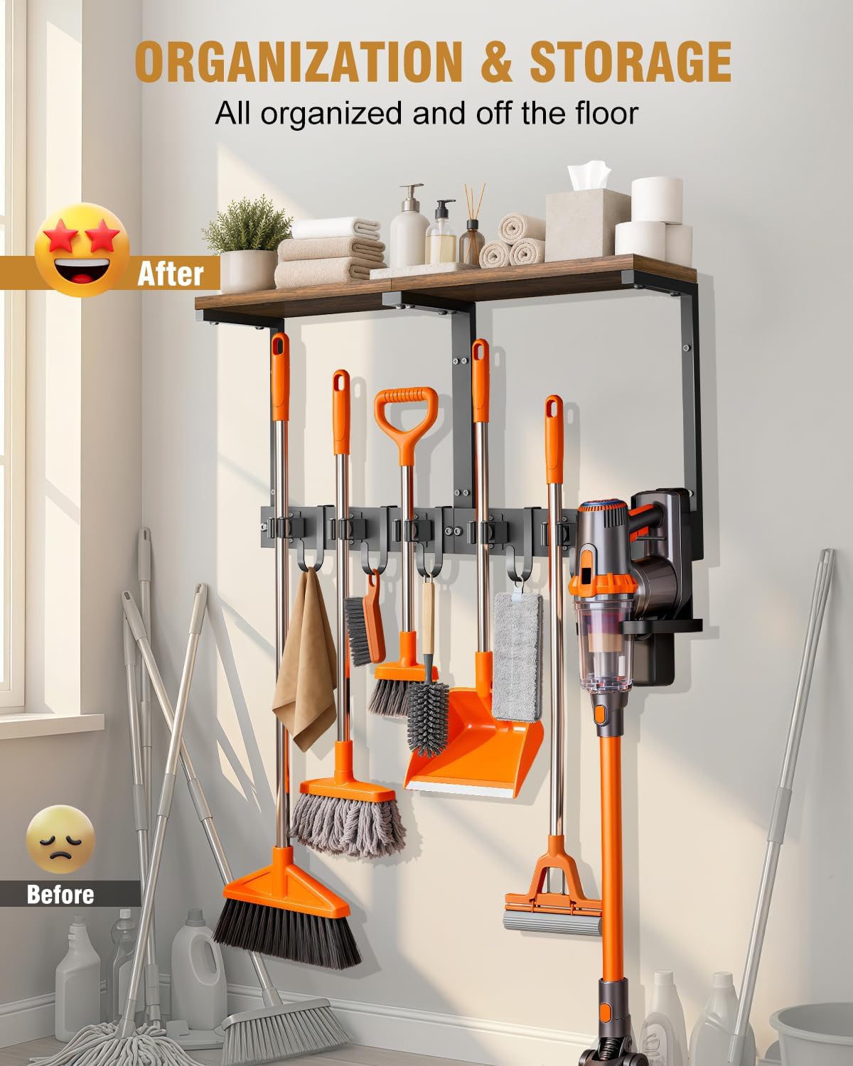 Large Broom Holder Wall Mount with Shelf, Vacuum Organizer, 5 Slots 5 Hooks | Black, 3-In-1 Wall Mount Stores Brooms/Mops/Vacuum, Cleaning Supplies With 5 Grippers/5 Hooks And A Sturdy Wooden Top Shelf