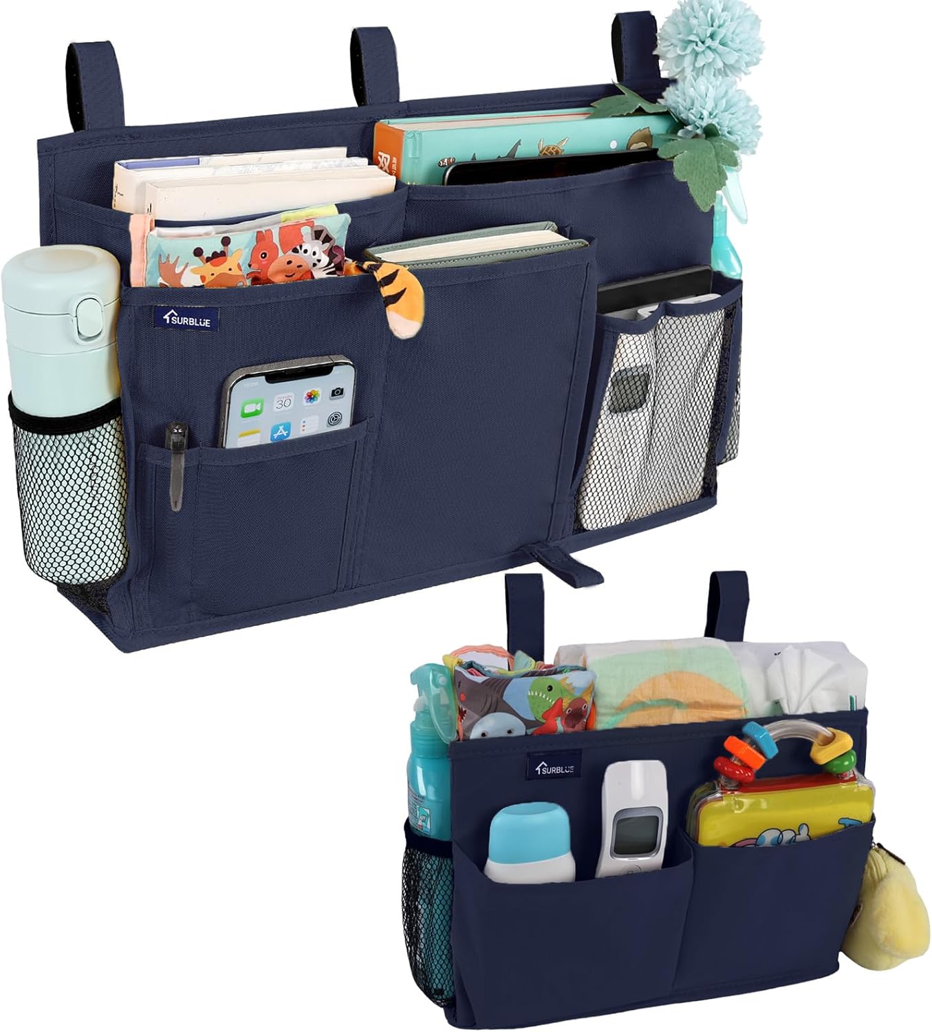 Surblue Bedside Caddy Hanging Organizer Storage Bag Pocket for Bunk, Hospital, College Dorm Rooms, Baby Bed Rails, Camp - 4 Pockets, 2 Hooks (Blue)