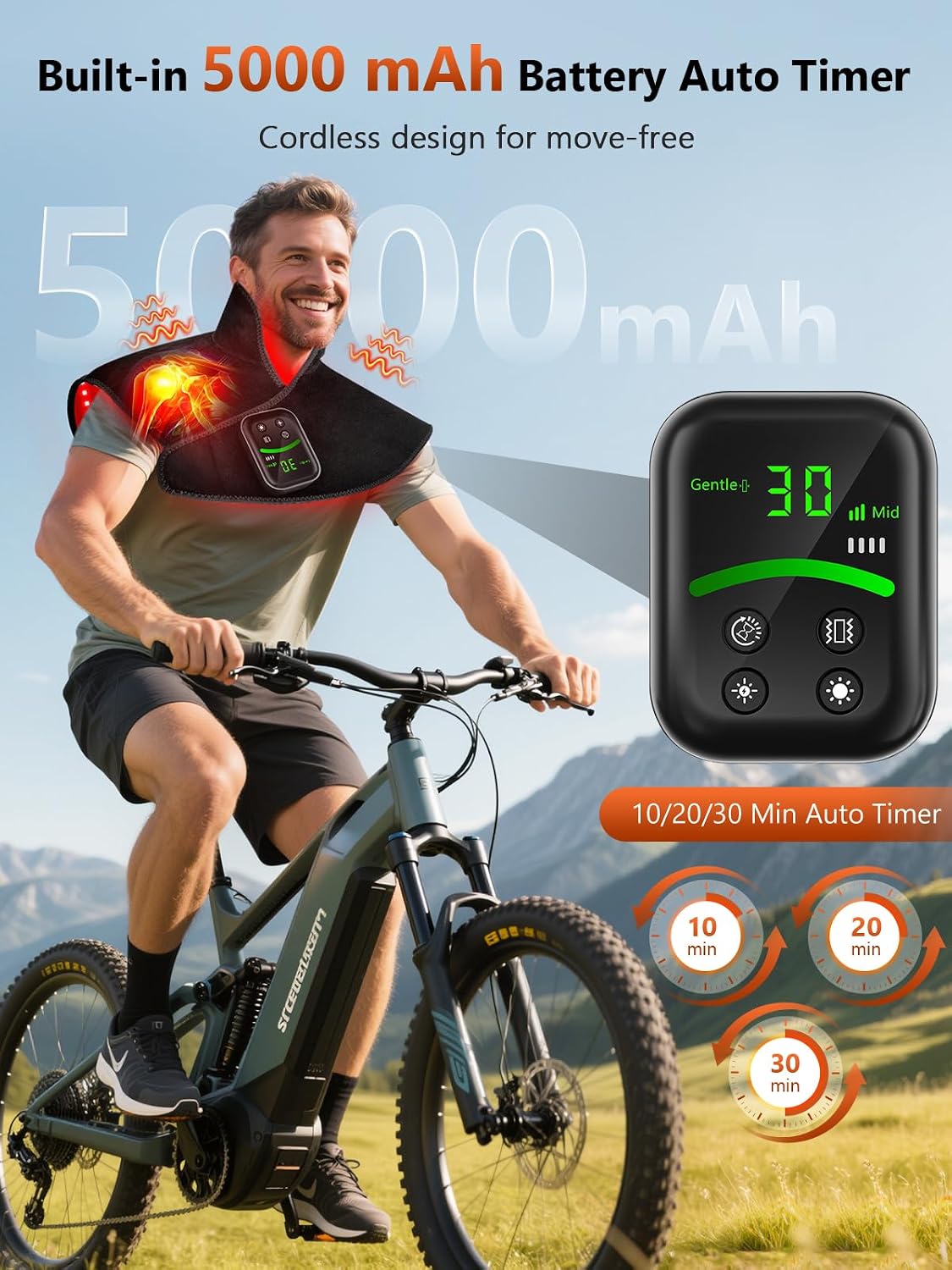 RELEXNOW Red Light Therapy for Shoulders and Neck Massage with Heat, 5000 mAh Battery Cordless Near Infrared Red Light Therapy Pad for Body, Wearable Heating Pad for Upper Back, Shoulder & Neck(Black)