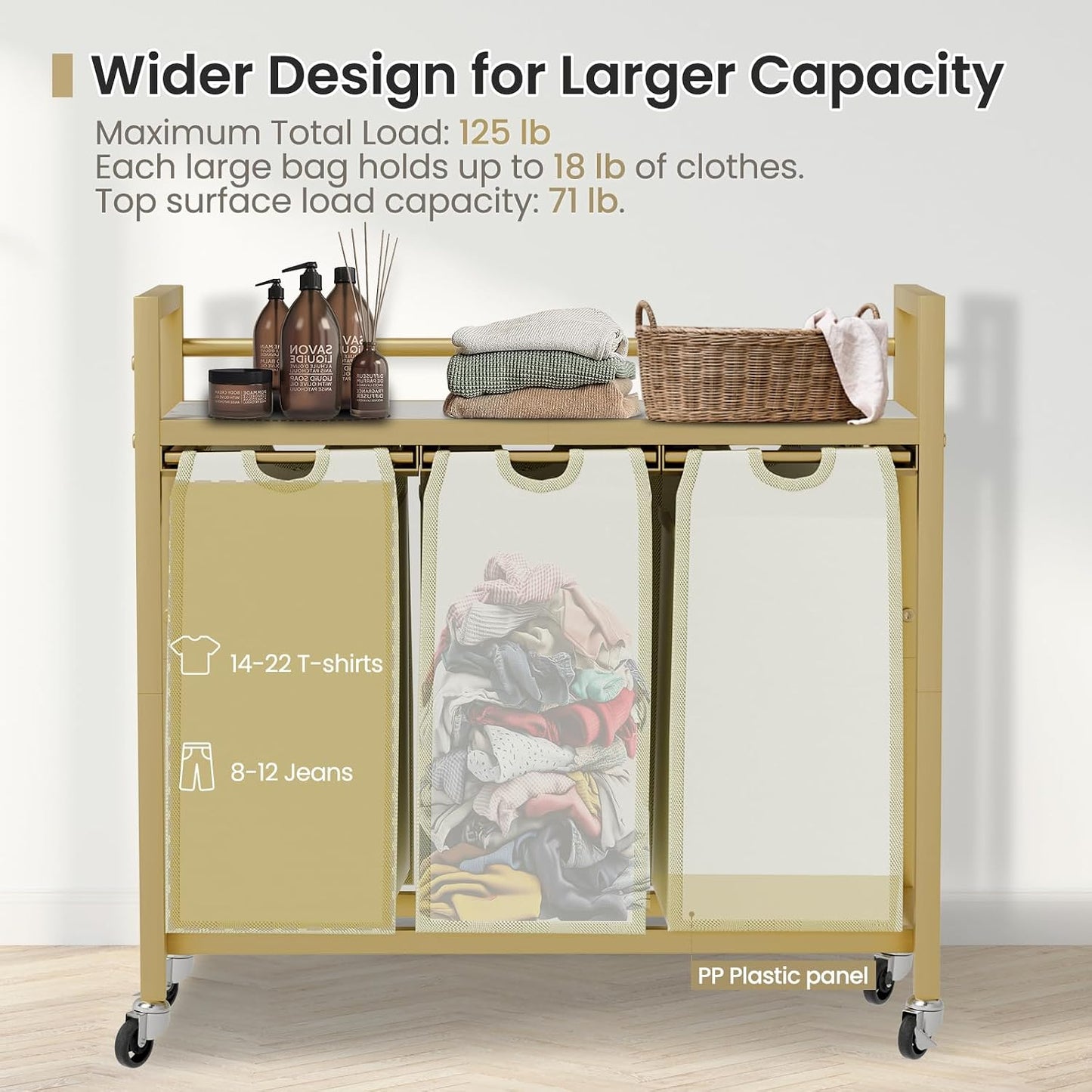 SwaaVee Laundry Sorter, Laundry Hamper 3 Section, 3×11.4Gal, Metal Frame Rolling Laundry Basket with Wooden Top Shelf, Pull out and Removable Laundry Bags, 3 Bags-Black