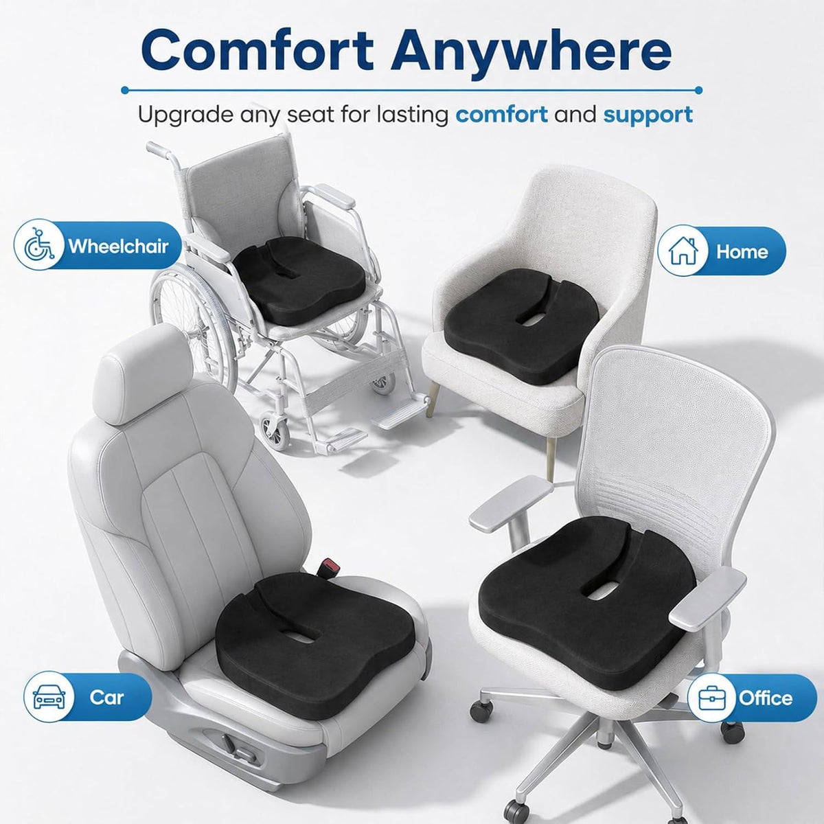 Memory Foam Seat Cushion for Office Chair & Car Seat, Black