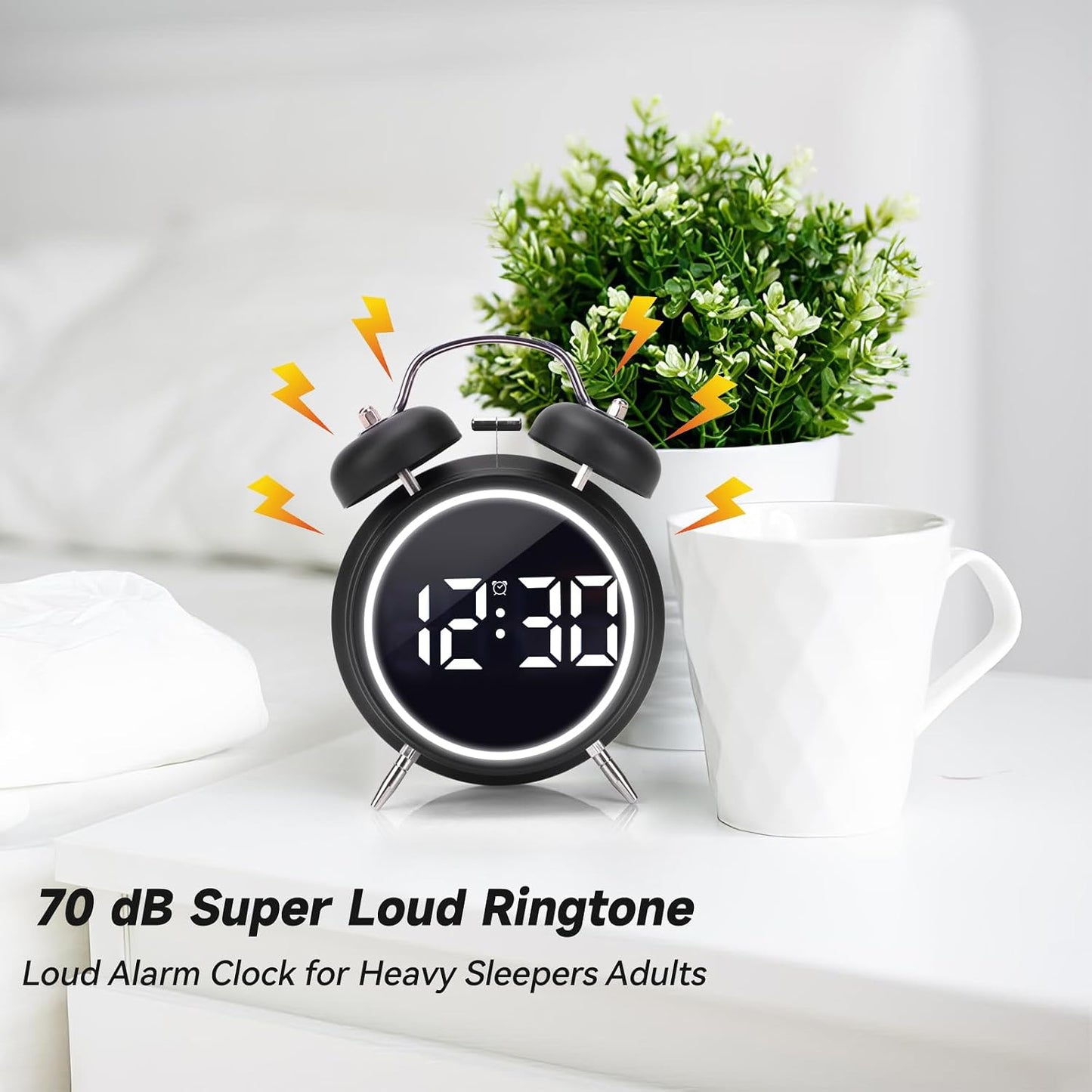 Digital Small Alarm Clock, 4.5 Inch Double Bell Electronic LED Alarm Clock, Plug in or Battery Operated Silent Metal Table Clock, Modern Loud Bedside Clock for Heavy Sleepers Adults Kids (Black)