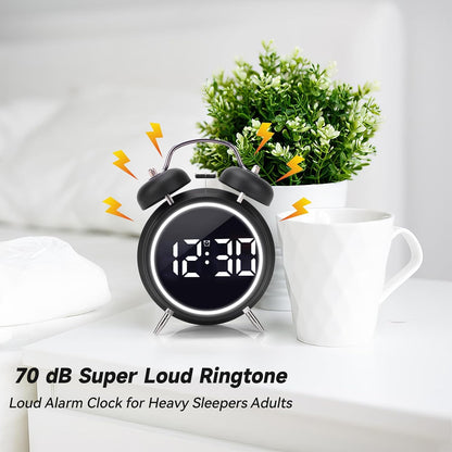Digital Small Alarm Clock, 4.5 Inch Double Bell Electronic LED Alarm Clock, Plug in or Battery Operated Silent Metal Table Clock, Modern Loud Bedside Clock for Heavy Sleepers Adults Kids (Black)
