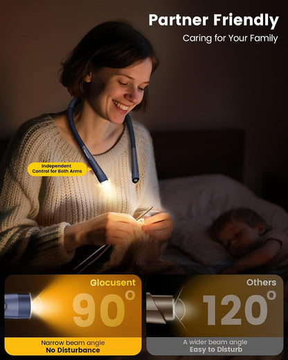 Glocusent Neck Light with Timer, 100 Hours Book Light for Bedtime Reading | Neck Reading Light, 3-Color, 5 Brightness, Bendable, Ergonomic, 1600mAh, Rechargeable, Eye Care, Sleep Aid, Travel Lock, Gift