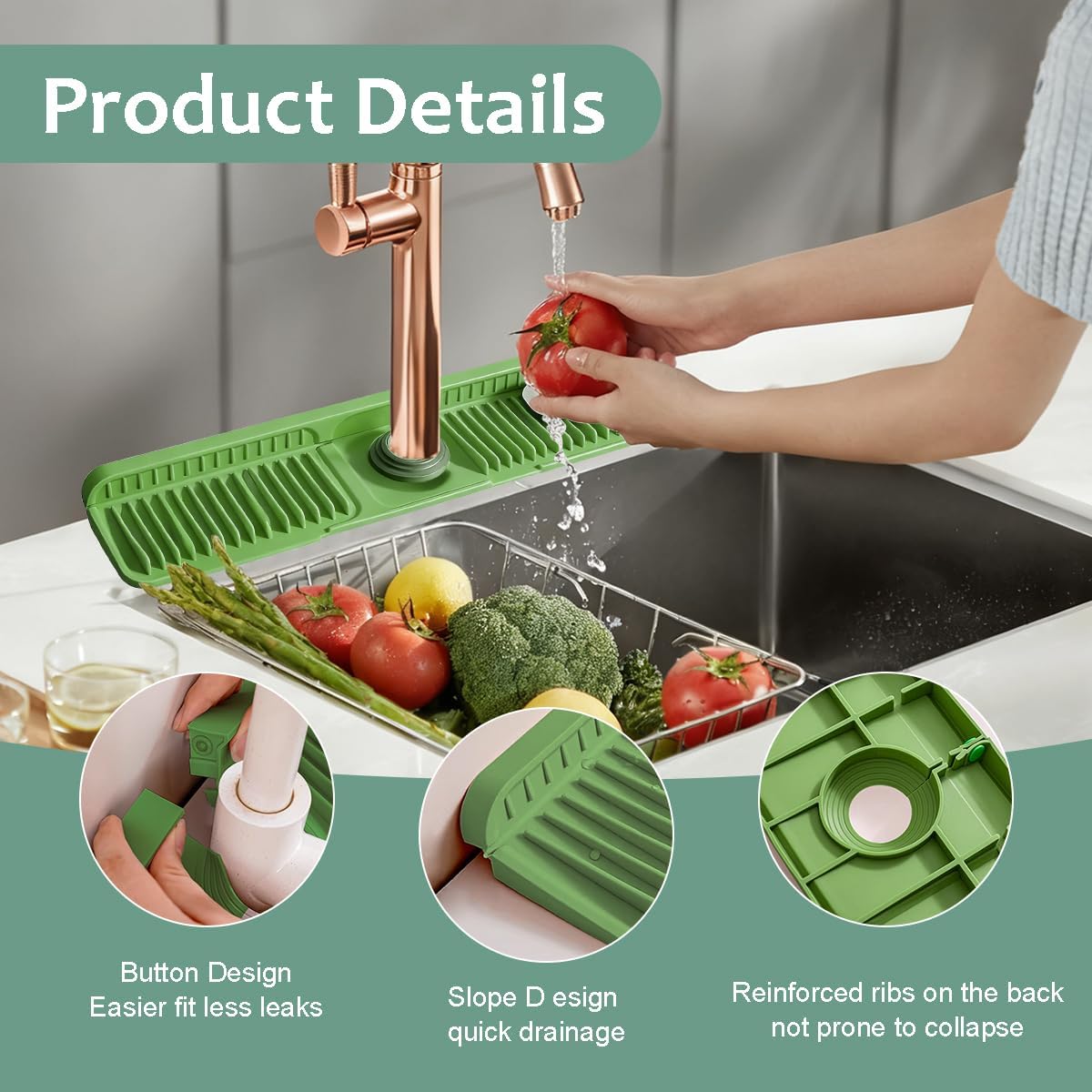 24 Inch Upgraded Draining Mat Folding faucet Mat for Bathroom Sink Splash Guard 7° Slope with Button Lock Water Draining Pad for Kitchen Bathroom Bar(Pink)