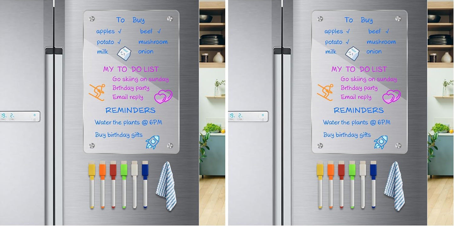 JonXon 8"x12" Acrylic Magnetic Dry Erase Board for Fridge, Clear Acrylic Magnet Calendar for Refrigerator,Includes 6 Dry Erase Markers(Clear Blank)