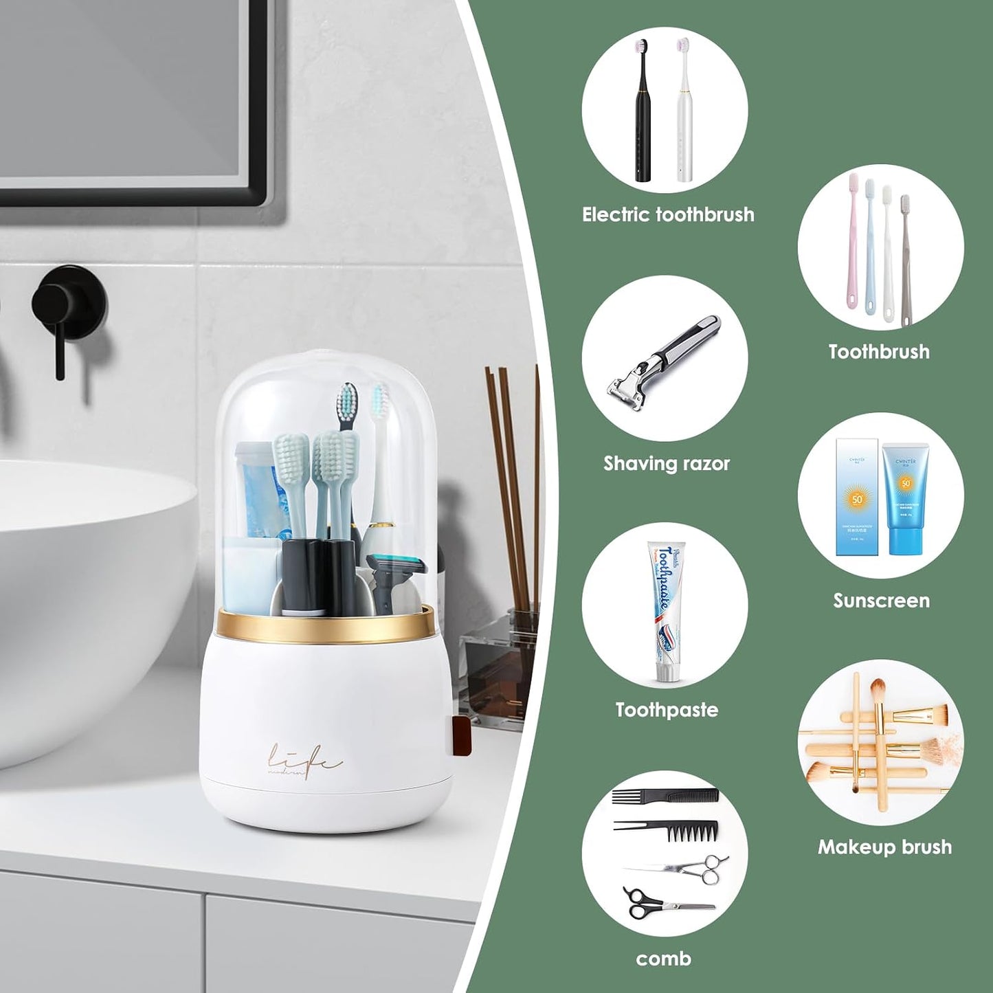 Toothbrush Holders, Toothbrush Holders for Bathrooms, Makeup Brush Holder | Toothbrush and Toothpaste Holder, Rotatable Toothbrush Holder with Transparent Dust Cover, Multi Drainage Vent Holes