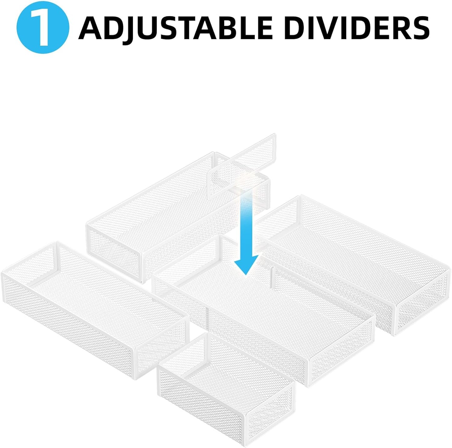 Marbrasse 5 Pack Desk Drawer Organizer Set, Mesh Drawer Storage Trays with 1 Adjustable Divider, Desk Organizers and Accessories, 5 PCS Drawer for Office Supplies, Makeup & Vanity (Black)